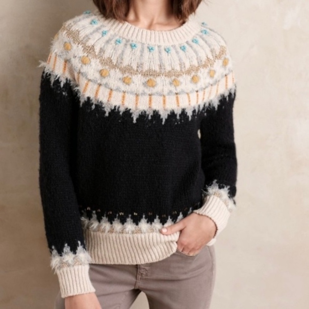 Anthropologie Sleeping on Snow Fair Isle Sparkle Pullover Sweater